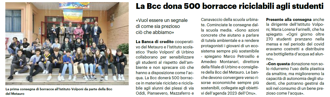 La BCC Metauro dona 500 borracce all'IC Volponi – IC VOLPONI